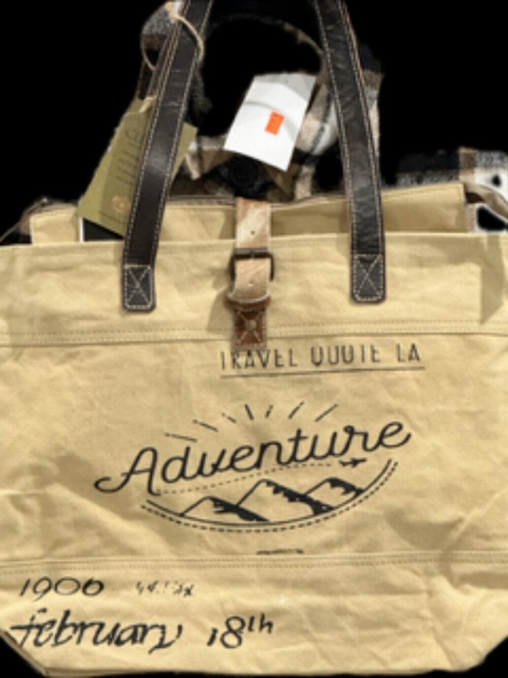 NWT Clea Ray Adventure Canvas Tote Bag Tan Leather Hide Latch 12x16